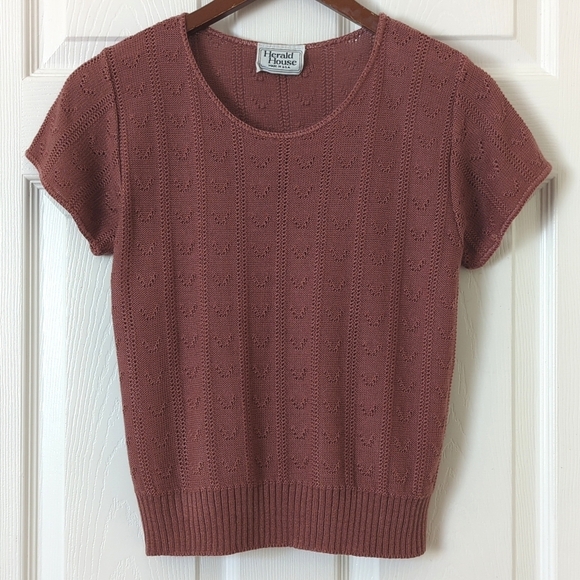 Herald House 80's Vintage Lightweight Pointelle Knit Scoop Neck Short Sleeve Top - Picture 1 of 8